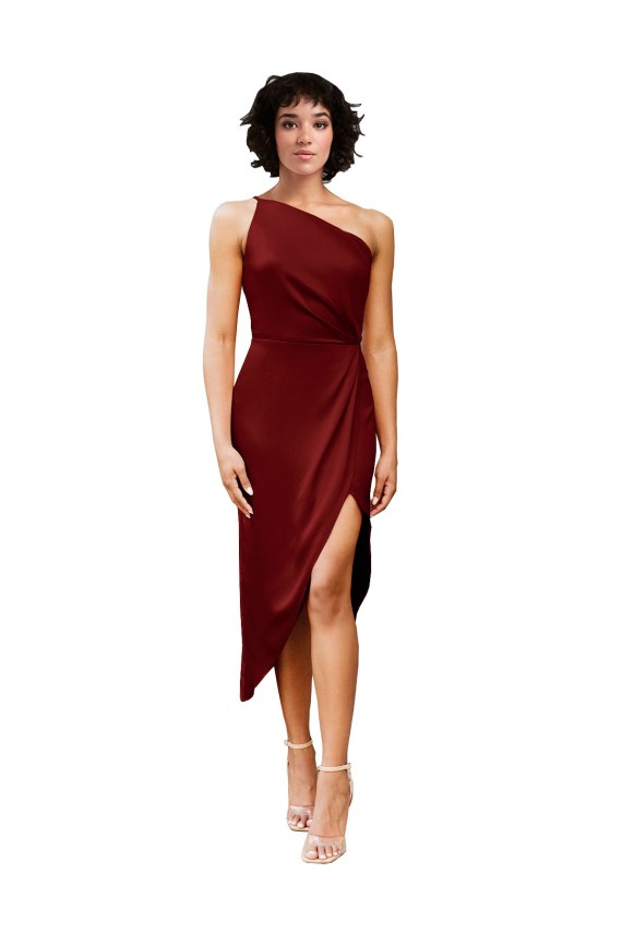 Affordable One Shoulder Midi Length Short Stretch Satin Wrap Style Cocktail Prom Dress / Homecoming Dress UK