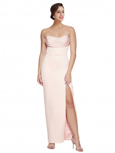 Affordable Cowl Neck Strapless Stretch Satin Prom Dress with High Split UK