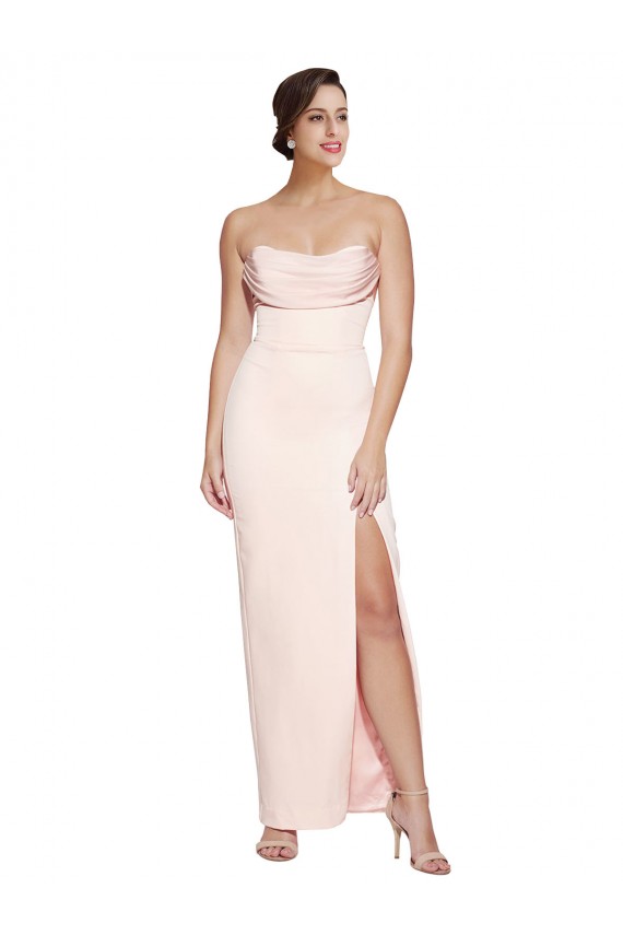 Affordable Cowl Neck Strapless Stretch Satin Prom Dress with High Split UK