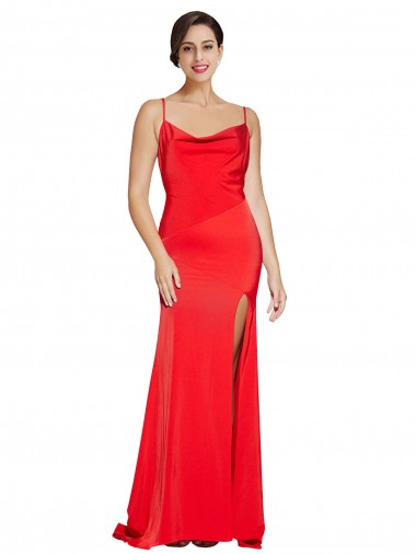 Affordable Low Back Cowl Neck Stretch Satin Prom Dress with High Side Slit UK