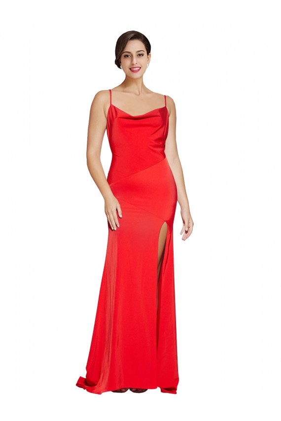 Affordable Low Back Cowl Neck Stretch Satin Prom Dress with High Side Slit UK