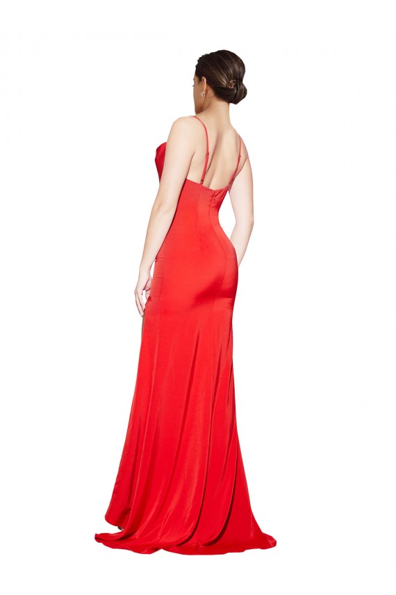 Affordable Low Back Cowl Neck Stretch Satin Prom Dress with High Side Slit UK