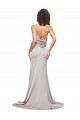 Affordable High Neck Low Back Long Full Length Stretch Satin Prom Dress UK