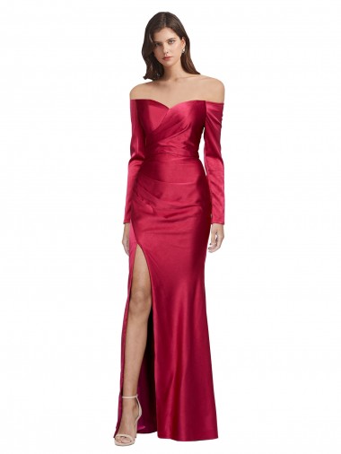 Affordable Long Sleeves Off the Shoulder Stretch Satin Prom Dress with High Side Split UK