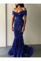 Affordable Mermaid Off the Shoulder Sleeveless Long Sweep Train Velvet Sequin Prom Dress UK