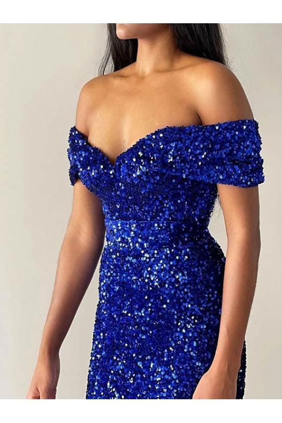 Affordable Mermaid Off the Shoulder Sleeveless Long Sweep Train Velvet Sequin Prom Dress UK