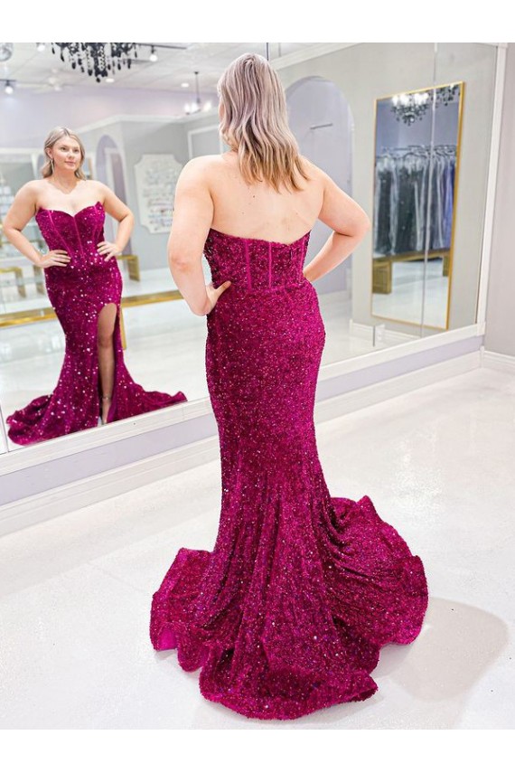 Affordable Long Sweetheart Sleeveless Sweep Train Velvet Sequin Prom Dress with Slit UK