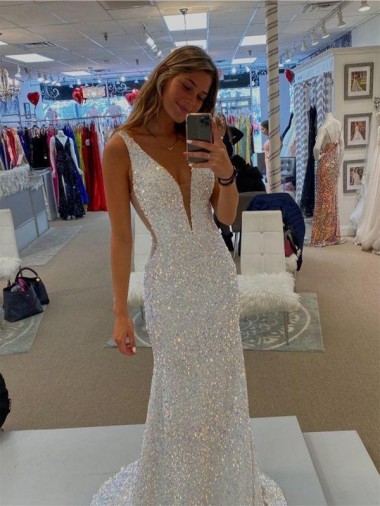 Affordable V-Neck Sleeveless Long Velvet Sequin Prom Dress with Sweep Train UK