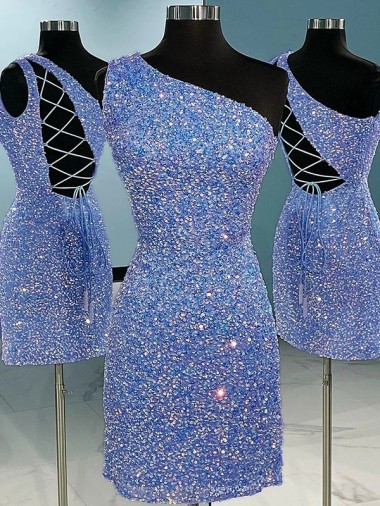 Affordable Short Velvet Sequin One Shoulder Sleeveless Prom Dress UK