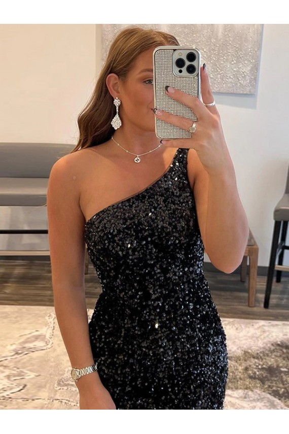 Affordable One Shoulder Sleeveless Short Velvet Sequin Prom Dress UK