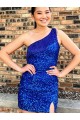 Affordable One Shoulder Sleeveless Short Velvet Sequin Royal Blue Prom Dress UK