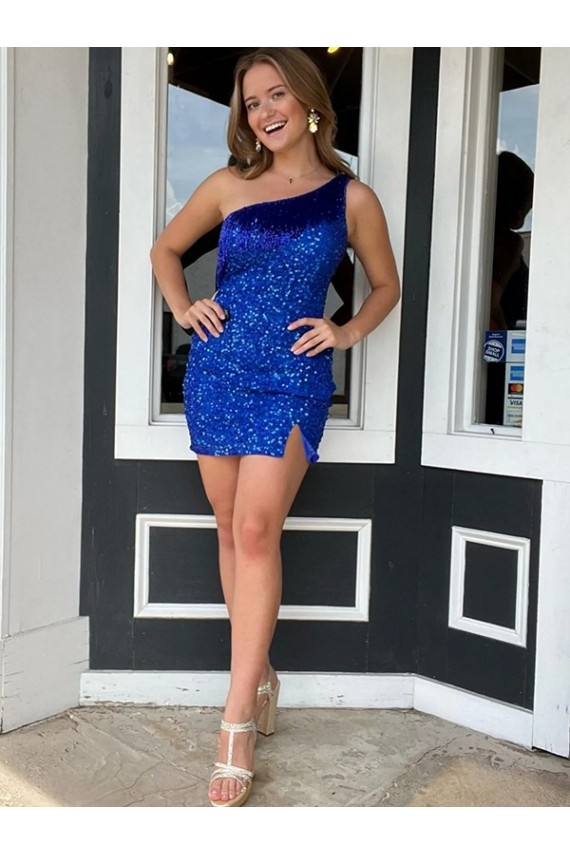 Affordable One Shoulder Sleeveless Short Velvet Sequin Royal Blue Prom Dress UK