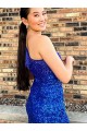 Affordable One Shoulder Sleeveless Short Velvet Sequin Royal Blue Prom Dress UK