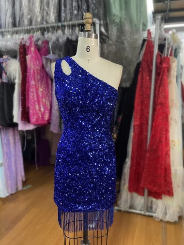 Affordable One Shoulder Keyhole Sleeveless Short Velvet Sequin Prom Dress UK