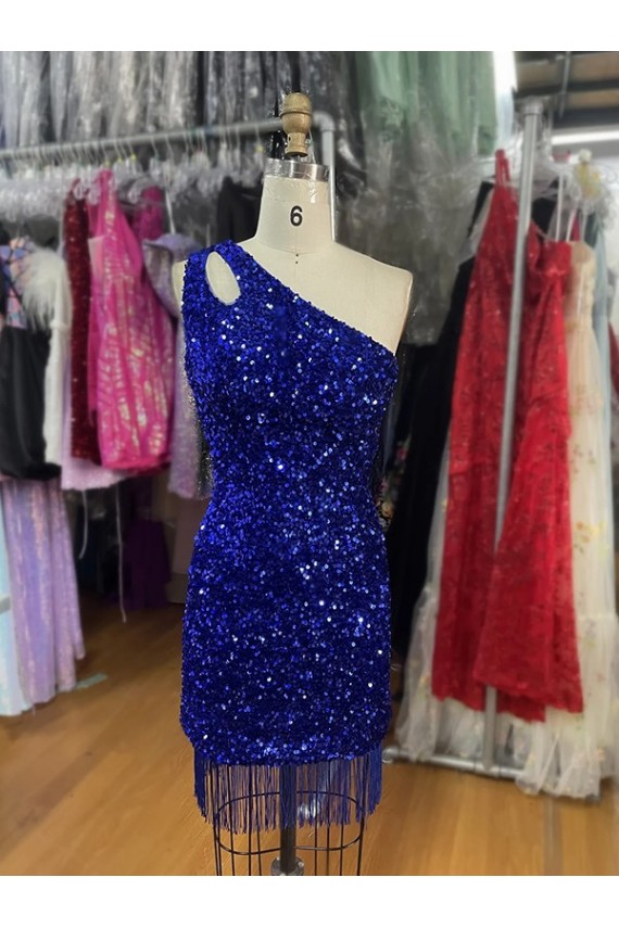 Affordable One Shoulder Keyhole Sleeveless Short Velvet Sequin Prom Dress UK