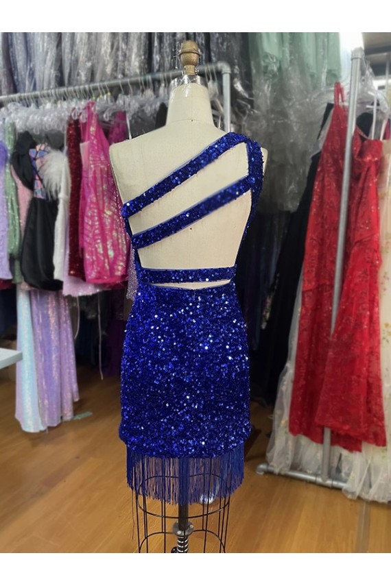 Affordable One Shoulder Keyhole Sleeveless Short Velvet Sequin Prom Dress UK