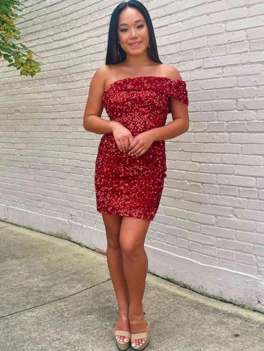 Affordable Short One Shoulder Sleeveless Velvet Sequin Cocktail Prom Dress UK