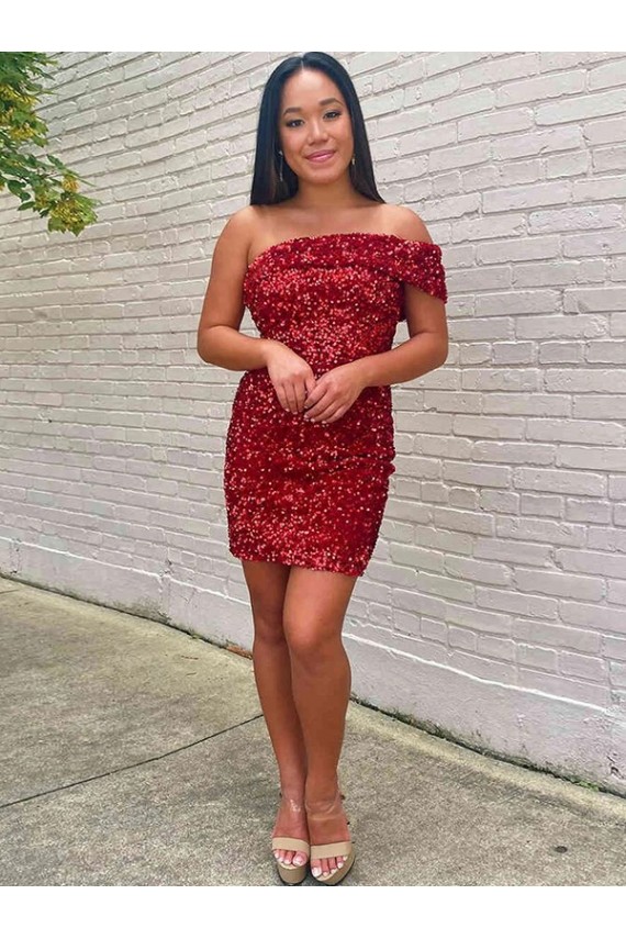 Affordable Short One Shoulder Sleeveless Velvet Sequin Cocktail Prom Dress UK