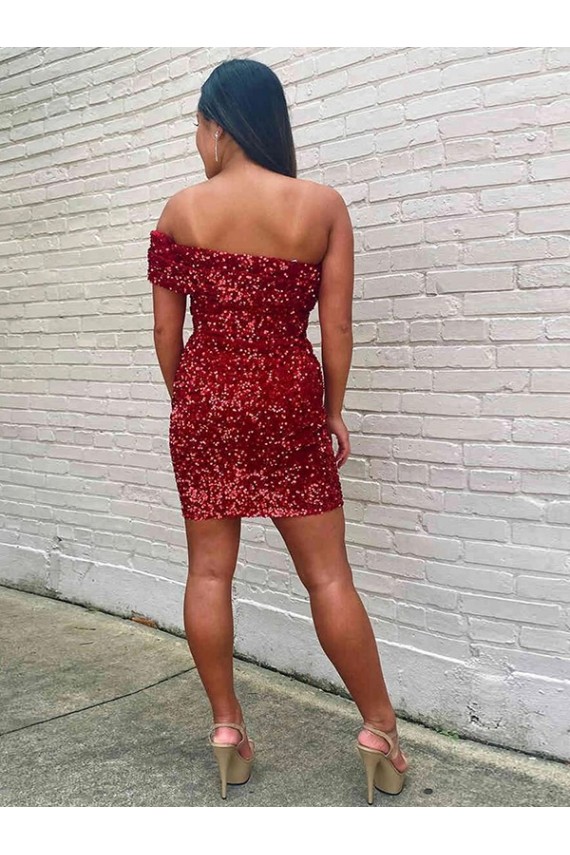 Affordable Short One Shoulder Sleeveless Velvet Sequin Cocktail Prom Dress UK