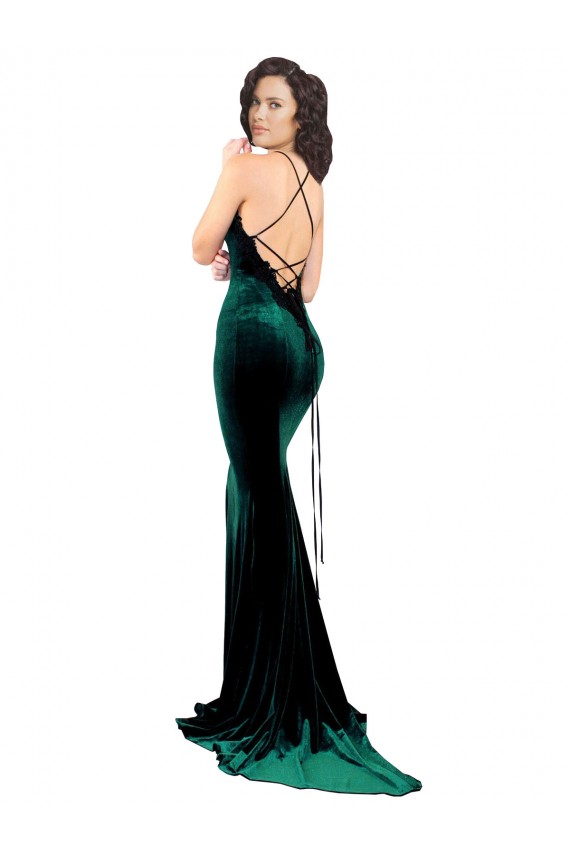 Affordable High Neck Stretch Velvet Prom Dress with Black Lace Embroidery UK