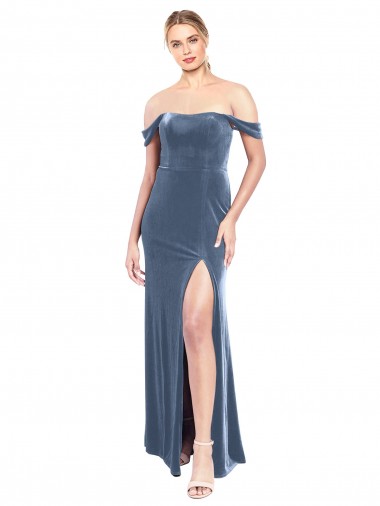 Affordable Draped Sleeves Wide Scoop Neck Off the Shoulder Velvet Prom Dress UK