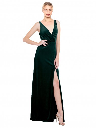 Affordable Sleek V-Neck Long Velvet Prom Dress with Side Slit UK