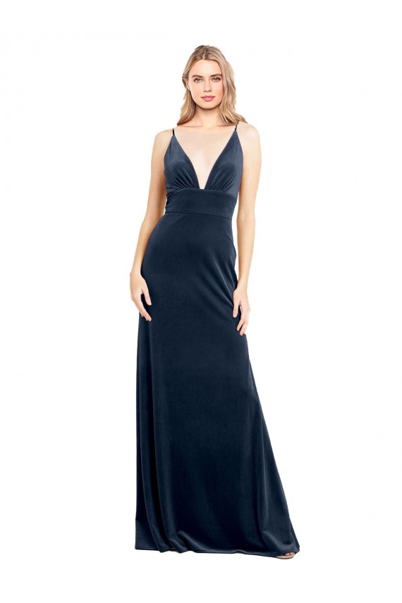 Affordable V-Back Long Velvet Prom Dress with Notched V-Neck and Spaghetti Straps UK