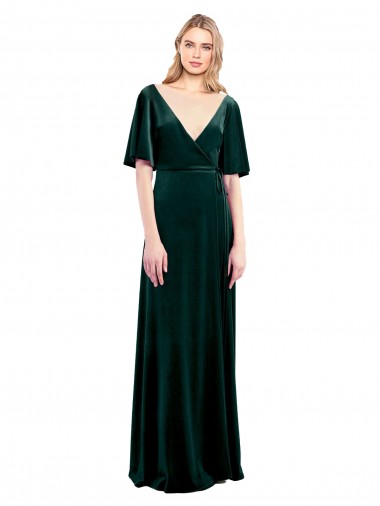 Affordable Deep V-Neck Flutter Sleeves Long Velvet Wrap Prom Dress UK