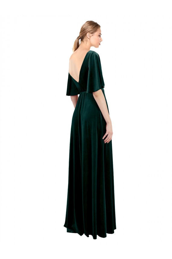 Affordable Deep V-Neck Flutter Sleeves Long Velvet Wrap Prom Dress UK