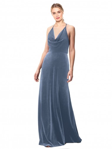 Affordable Halter Cowl Neck Long A-Line Velvet Prom Dress with Keyhole Back UK