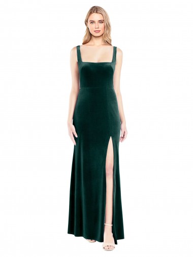 Affordable Square Neck Full Length Velvet Prom Dress with Side Slit UK