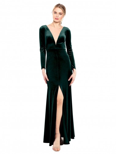 Affordable Plunging V-Neckline Long Sleeves Open Back Velvet Prom Dress UK