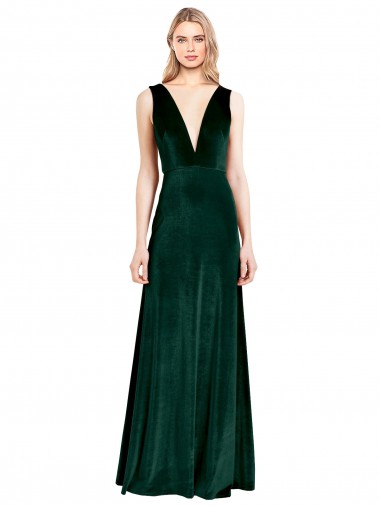 Affordable Daring Deep V-Neck Long Full Length Velvet Prom Dress UK