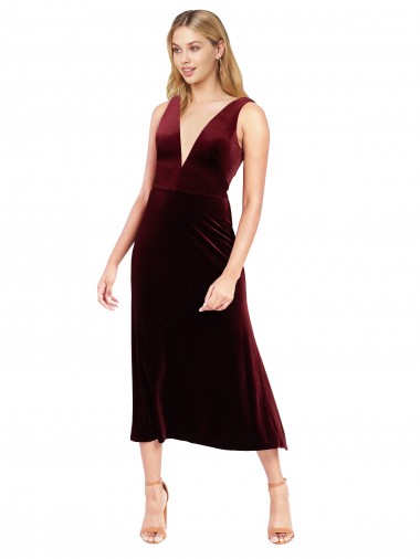 Affordable Daring Plunging V-Neckline Short Midi Length Velvet Cocktail Prom Dress / Homecoming Dress UK