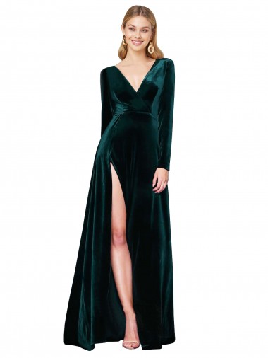 Affordable Deep V-Neck Long Sleeves Velvet Prom Dress with High Side Split UK