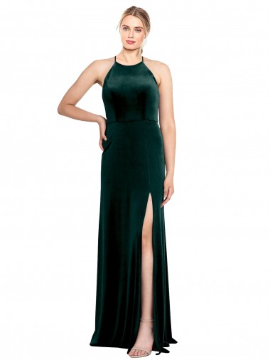 Affordable Long Jewel Neck Full Length Velvet Prom Dress with Side Slit UK