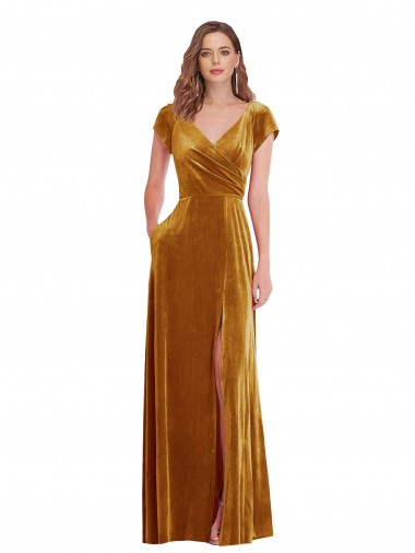 Affordable Cap Sleeve Faux Wrap Velvet Maxi Prom Dress with Pockets UK