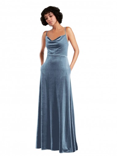 Affordable Sleek Cowl Neck Velvet Maxi Prom Dress with Pockets UK