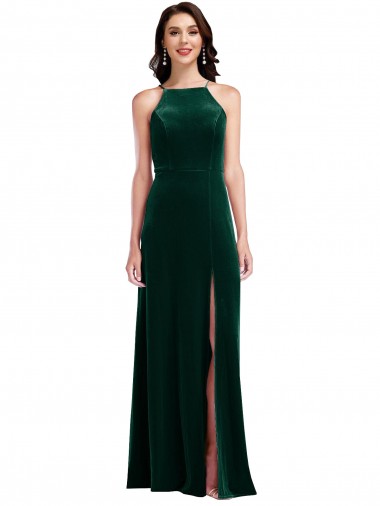 Affordable Velvet Halter Maxi Prom Dress with Front Slit & Pockets UK