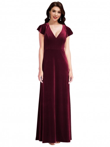 Affordable Flutter Sleeve Velvet Maxi Prom Dress with Pockets UK