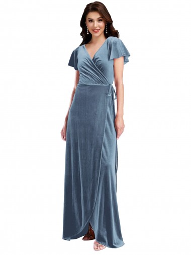 Affordable Flutter Sleeve Velvet Wrap Maxi Prom Dress with Pockets UK