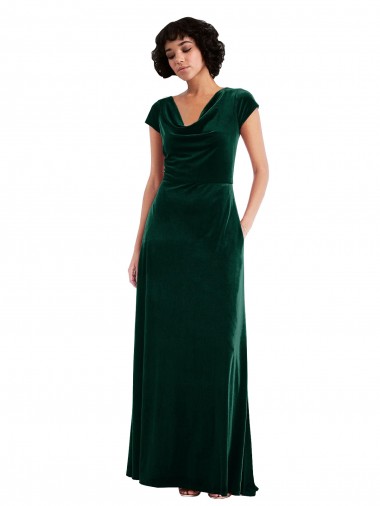 Affordable Cowl Neck Cap Sleeve Velvet Maxi Prom Dress with Pockets UK