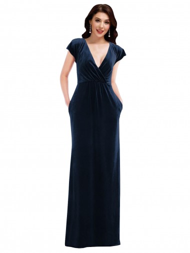 Affordable Flutter Sleeve Wrap Bodice Velvet Maxi Prom Dress with Pockets UK