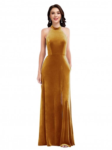 Affordable High-Neck Halter Velvet Maxi Prom Dress with Front Slit UK