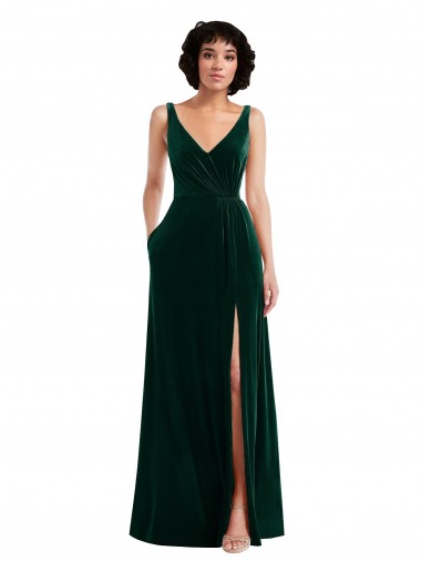 Affordable Floor Length Velvet Maxi Prom Dress with Shirred Bodice and Front Slit UK