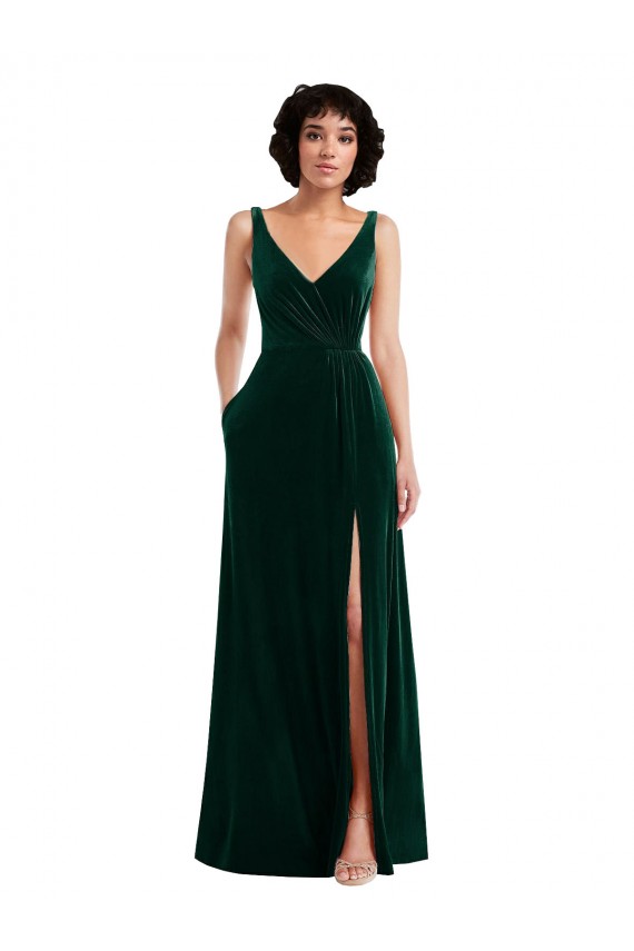 Affordable Floor Length Velvet Maxi Prom Dress with Shirred Bodice and Front Slit UK