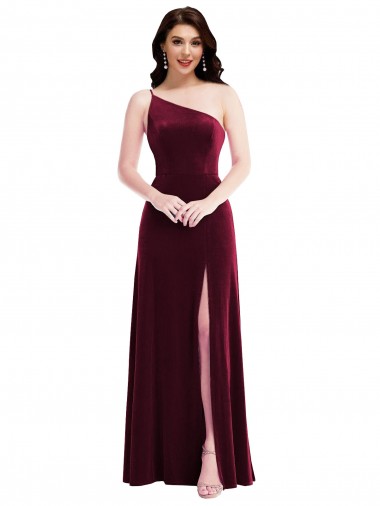 Affordable One Shoulder Spaghetti Strap Velvet Maxi Prom Dress with Pockets UK