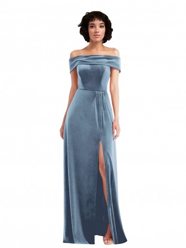 Affordable Draped Cuff Off the Shoulder Velvet Maxi Prom Dress with Pockets UK