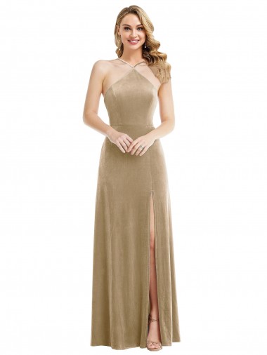 Affordable High Neck Halter Open Back Long Velvet Maxi Prom Dress with Pockets UK