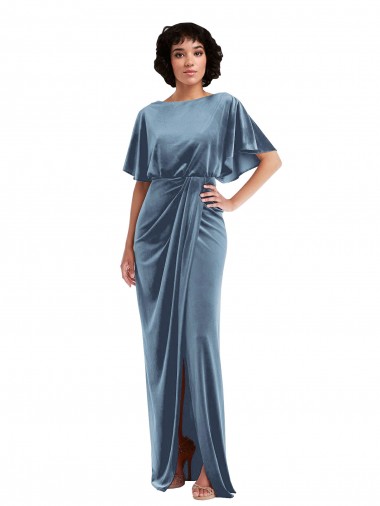 Affordable Flutter Sleeve Open Back Velvet Maxi Prom Dress with Pockets & Draped Wrap Skirt UK